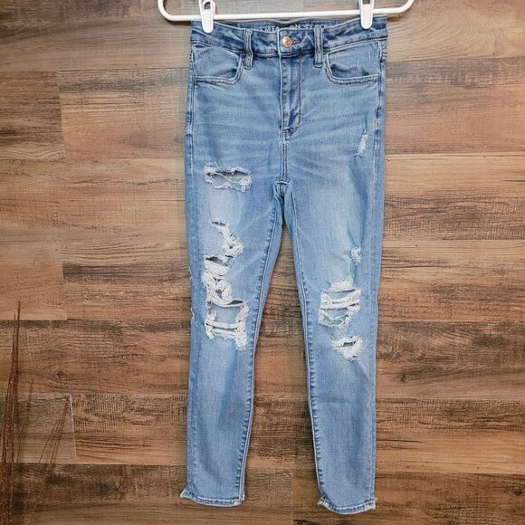 American Eagle Jeans 4 S Next Level Stretch Jegging Super Hi Rise Ripped - Picture 1 of 11